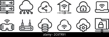 set of 12 thin outline icons such as folder, wifi, router, speed, sharing, connection for web, mobile Stock Vector