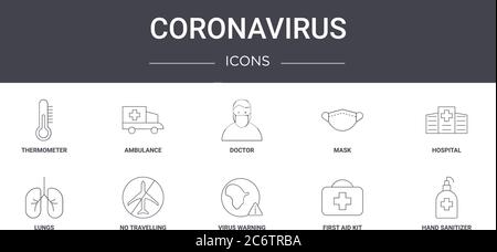 coronavirus concept line icons set. contains icons usable for web, logo, ui/ux such as ambulance, mask, lungs, virus warning, first aid kit, hand sani Stock Vector