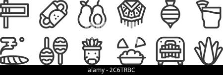 12 set of linear mexico icons. thin outline icons such as agave, nachos, maracas, spinning top, avocado, fajitas for web, mobile Stock Vector