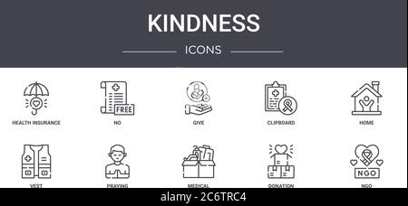 kindness concept line icons set. contains icons usable for web, logo, ui/ux such as no, clipboard, vest, medical, donation, ngo, home, give Stock Vector