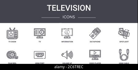 television concept line icons set. contains icons usable for web, logo, ui/ux such as tv, dictaphone, film reel, volume up, video player, hdmi cable, Stock Vector