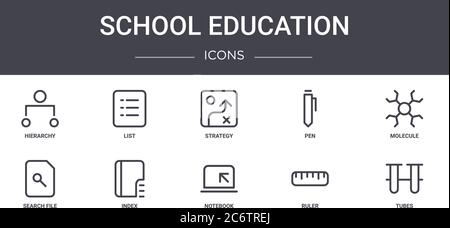 school education concept line icons set. contains icons usable for web, logo, ui/ux such as list, pen, search file, notebook, ruler, tubes, molecule, Stock Vector