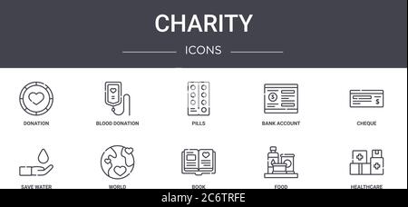 charity concept line icons set. contains icons usable for web, logo, ui/ux such as blood donation, bank account, save water, book, food, healthcare, c Stock Vector