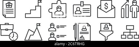 set of 12 thin outline icons such as hierarchical structure, contract, achievement, salary, puzzle, goal for web, mobile Stock Vector