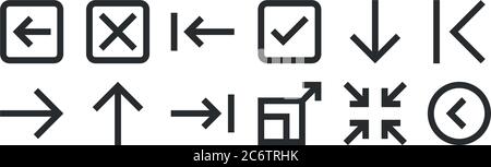 set of 12 thin outline icons such as left arrow, expand, up arrow, down arrow, left cross for web, mobile Stock Vector