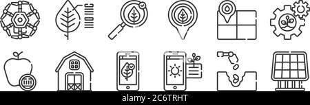 12 set of linear smart farm icons. thin outline icons such as solar panel, smart farm, barn, watering, search, info for web, mobile Stock Vector