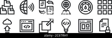 set of 12 thin outline icons such as document, invention, code, optimization, flies, earth globe for web, mobile Stock Vector