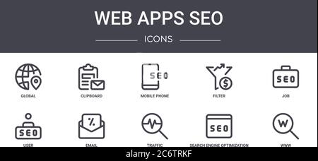 web apps seo concept line icons set. contains icons usable for web, logo, ui/ux such as clipboard, filter, user, traffic, search engine optimization, Stock Vector