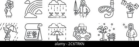 set of 12 thin outline icons such as winter clothing, travel, spring calendar, scuba diving, plants, rainbow for web, mobile Stock Vector