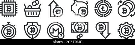 set of 12 thin outline icons such as bitcoin, money, bitcoin, pie chart, bitcoin, shopping cart for web, mobile Stock Vector