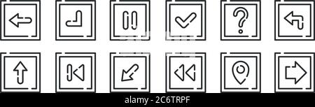 set of 12 thin outline icons such as right, previous, back, help, pause, bottom right for web, mobile Stock Vector