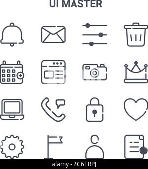 set of 16 ui master concept vector line icons. 64x64 thin stroke icons such as email, calendar, crown, lock, flag, add file, avatar, camera, remove Stock Vector