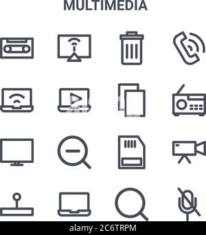 set of 16 multimedia concept vector line icons. 64x64 thin stroke icons such as computer monitor, laptop, radio, ram, laptop, mute, search, copy, tele Stock Vector