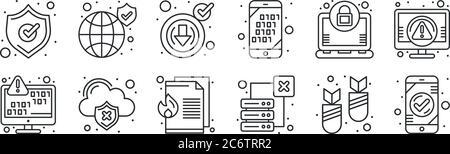 set of 12 thin outline icons such as check, server storage, cloud data, encryption, download, global protection for web, mobile Stock Vector