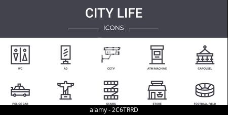 city life concept line icons set. contains icons usable for web, logo, ui/ux such as ad, atm machine, police car, stairs, store, football field, carou Stock Vector