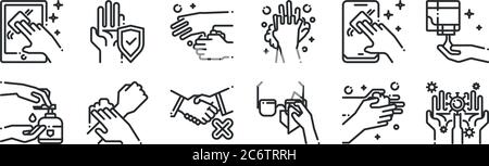 set of 12 thin outline icons such as virus transmission, eye glasses, washing hand, smartphone, washing hand, hand for web, mobile Stock Vector