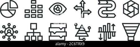 set of 12 thin outline icons such as funnel, infographic, hierarchical structure, arrow, visualization, bar chart for web, mobile Stock Vector