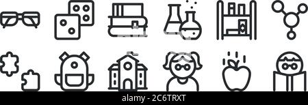 set of 12 thin outline icons such as boy, nerd, school bag, library, books, dices for web, mobile Stock Vector