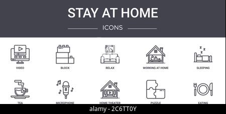 stay at home concept line icons set. contains icons usable for web, logo, ui/ux such as block, working at home, tea, home theater, puzzle, eating, sle Stock Vector
