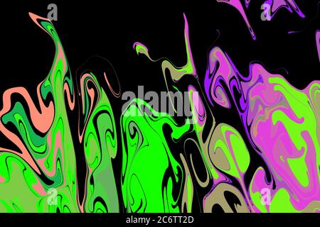 Splashes and waves of neon colors on a black background. Digital ink ripples. For science, technology, artistic presentation, publication, page, invit Stock Photo