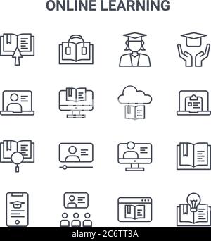 set of 16 online learning concept vector line icons. 64x64 thin stroke icons such as audio book, online learning, report, online learning, teaching, c Stock Vector