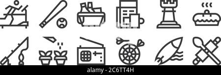 12 set of linear hobbies icons. thin outline icons such as cooking, darts, water, chess, picnic basket, baseball for web, mobile Stock Vector