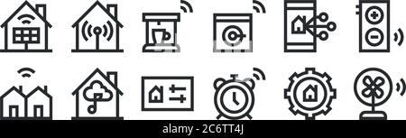 set of 12 thin outline icons such as fan, alarm, music, control, coffee maker, wifi for web, mobile Stock Vector