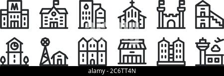 set of 12 thin outline icons such as airport, store, farm, castle, silo, school for web, mobile Stock Vector