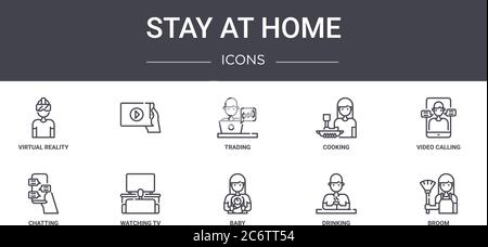 stay at home concept line icons set. contains icons usable for web, logo, ui/ux such as , cooking, chatting, baby, drinking, broom, video calling, tra Stock Vector