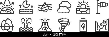 12 set of linear climate change icons. thin outline icons such as landslide, tornado, eruption, drought, humidity, high tide for web, mobile Stock Vector