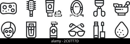 set of 12 thin outline icons such as sponge, eyeglasses, parfum, eyelashes curler, face cream, hairbrush for web, mobile Stock Vector
