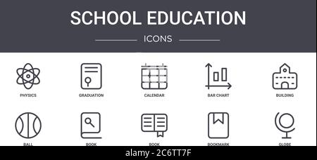 school education concept line icons set. contains icons usable for web, logo, ui/ux such as graduation, bar chart, ball, book, bookmark, globe, buildi Stock Vector