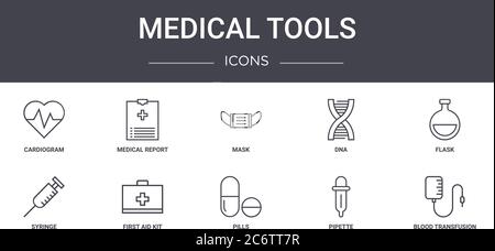 medical tools concept line icons set. contains icons usable for web, logo, ui/ux such as medical report, dna, syringe, pills, pipette, blood transfusi Stock Vector