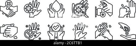 set of 12 thin outline icons such as hand sanitizer, hand, dont touch, sanitizer, washing hands, hand for web, mobile Stock Vector