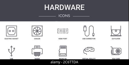 hardware concept line icons set. contains icons usable for web, logo, ui/ux such as cooler, usb connector, usb, micro sd, virtual reality glasses, vga Stock Vector