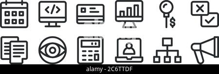 set of 12 thin outline icons such as megaphone, video call, view, key, cit card, web development for web, mobile Stock Vector
