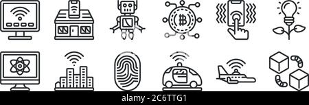 set of 12 thin outline icons such as blockchain app, autonomous car, smart city, haptic, robot, smart home for web, mobile Stock Vector