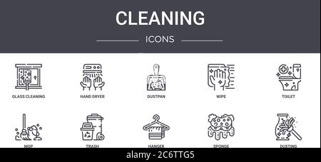 cleaning concept line icons set. contains icons usable for web, logo, ui/ux such as hand dryer, wipe, mop, hanger, sponge, dusting, toilet, dustpan Stock Vector