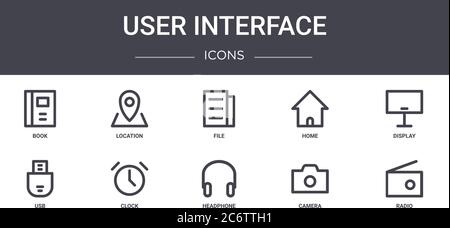 user interface concept line icons set. contains icons usable for web, logo, ui/ux such as location, home, usb, headphone, camera, radio, display, file Stock Vector