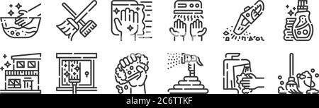 12 set of linear cleaning icons. thin outline icons such as mop, hose, glass cleaning, vacuum, wipe, broom for web, mobile Stock Vector