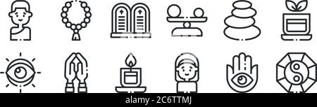 set of 12 thin outline icons such as taoism, nun, praying, stones, commandment, rosary for web, mobile Stock Vector