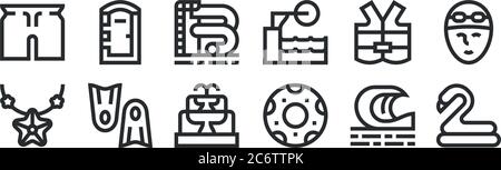 set of 12 thin outline icons such as rubber ring, rubber ring, flippers, lifejacket, water slide, portable toilet for web, mobile Stock Vector