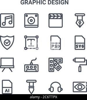 set of 16 graphic design concept vector line icons. 64x64 thin stroke icons such as speaker, protection, svg, color palette, brush, eye, headphone, ps Stock Vector