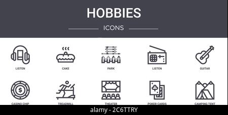 hobbies concept line icons set. contains icons usable for web, logo, ui/ux such as cake, listen, casino chip, theater, poker cards, camping tent, guit Stock Vector