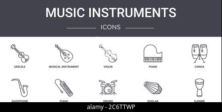 music instruments concept line icons set. contains icons usable for web, logo, ui/ux such as musical instrument, piano, saxophone, drums, dholak, djem Stock Vector