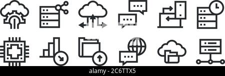 set of 12 thin outline icons such as server, communication, decrease, laptop, cloud storage, share for web, mobile Stock Vector