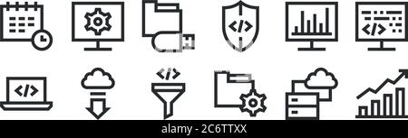set of 12 thin outline icons such as stats, folder, download, analytics, usb drive, monitor for web, mobile Stock Vector
