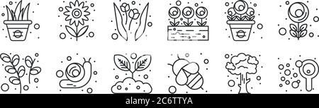 set of 12 thin outline icons such as soap, bee, snail, flower pot, garden, flower for web, mobile Stock Vector