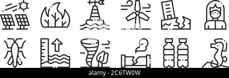 set of 12 thin outline icons such as sea horse, leak, tide, earthquake, monitoring, forest fire for web, mobile Stock Vector
