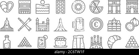 europe line icons. linear set. quality vector line set such as bitterballen, sagrada familia, semla, orujo, palace, bratislava castle, arc, bagel, acc Stock Vector